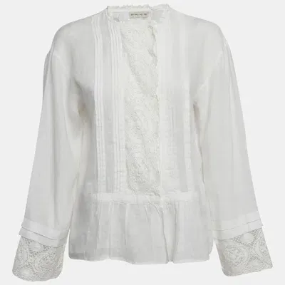 Pre-owned Etro White Linen Lace Trim Detail Top S