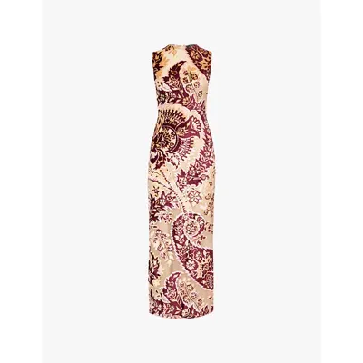 Etro Womenson Beige Floral Velour-jacquard Stretch-woven Midi Dress In Red