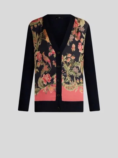 Etro Wool Cardigan With Print In Navy Blue