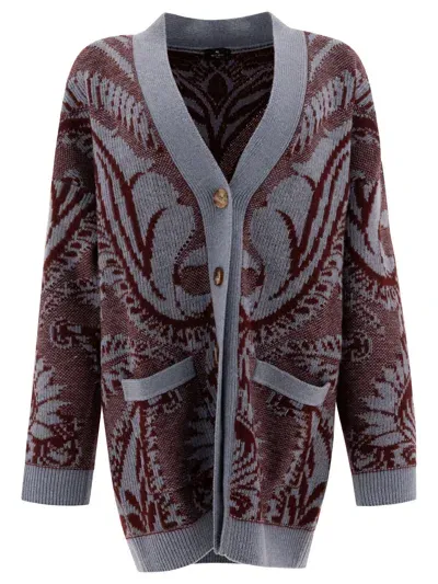 Etro Wool Jacquard Cardigan Knitwear In Burgundy