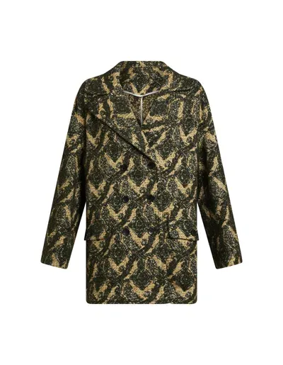 Etro Jacquard Double-breasted Coat In Yellow