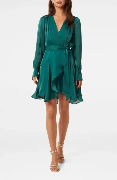 Ever New Myra Metallic Long Sleeve Chiffon Faux Wrap Dress In Mysterious Green