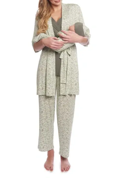 Everly Grey Analise During & After 5-piece Maternity/nursing Sleep Set In Sage Doodle