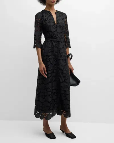 Evi Grintela Elizabeth Belted Floral Lace Midi Dress In Black