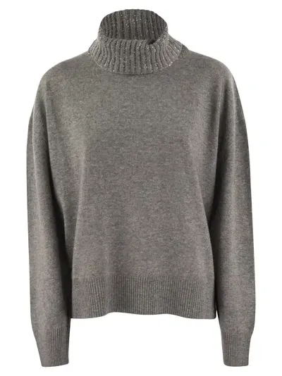 Fabiana Filippi Turtleneck Sweater In Wool, Silk And Cashmere In Grey