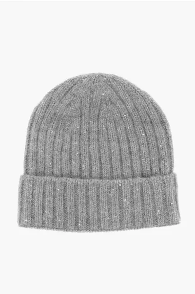 Fabiana Filippi Ribbed Silk Blend Beanie Hat With Sequin In Gray