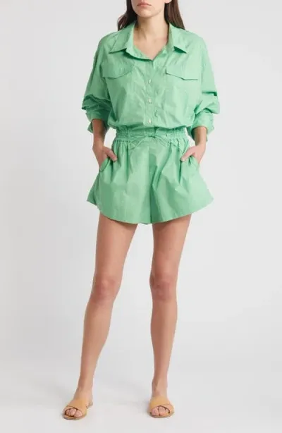 Faithfull The Brand Isole Long Sleeve Button-up Organic Cotton Poplin Romper In Apple