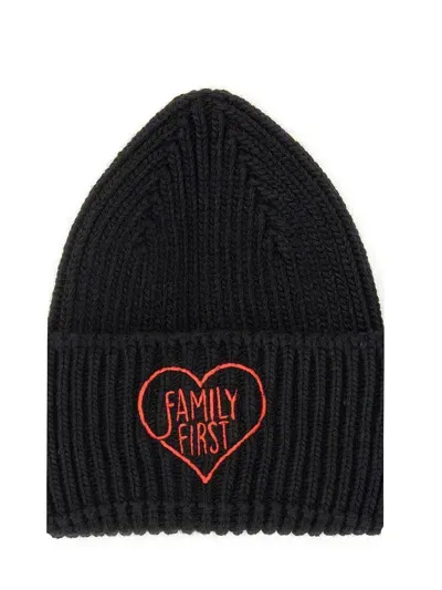 Family First Beanie Hat "heart" In Black