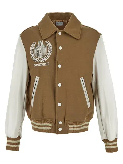 Family First Varsity College Jacket In Beige