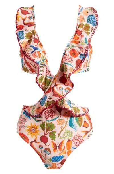 Farm Rio Ruffle Cutout One-piece Swimsuit In Multicolor