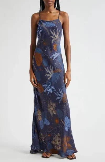 Farm Rio Night Jungle Bias Cut Maxi Slipdres In Navy Blue