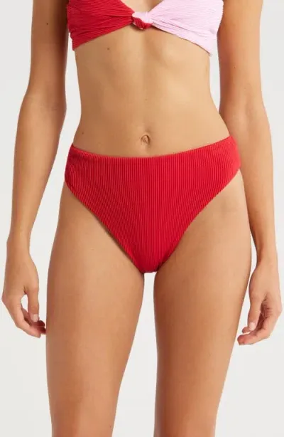 Farm Rio Ribbed High Leg Bikini Bottoms In Pink And Red