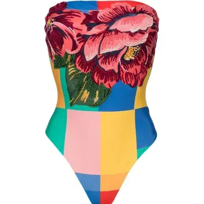 Farm Rio Colour-block Strapless Swimsuit In Red