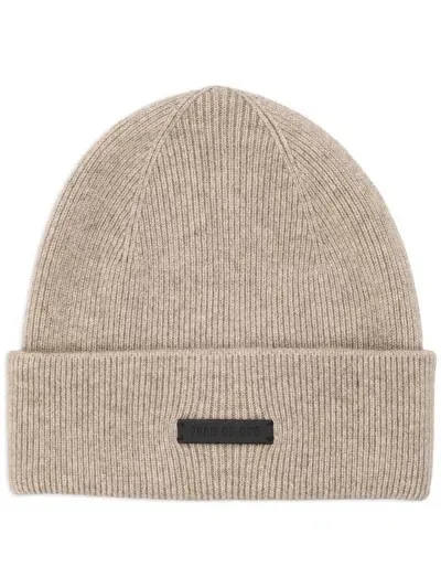 Fear Of God Logo Patch Ribbed Knit Beanie In Nude & Neutrals