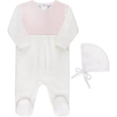 Feltman Brothers Babies'  Faux Wrap Cotton Blend Velour Footie & Hat Set In Ivory/pink