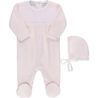 Feltman Brothers Babies'  Smocked Yoke Cotton Velour Footie & Hat Set In Pink