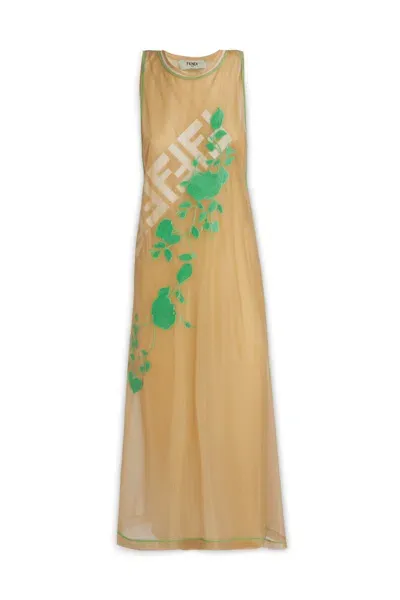 Fendi Roses Sleeveless Midi Dress In Neutrals