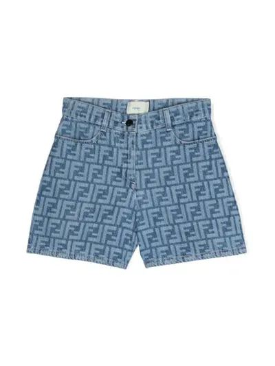 Fendi Kids' All Over Logo Printed Denim Short In Blue