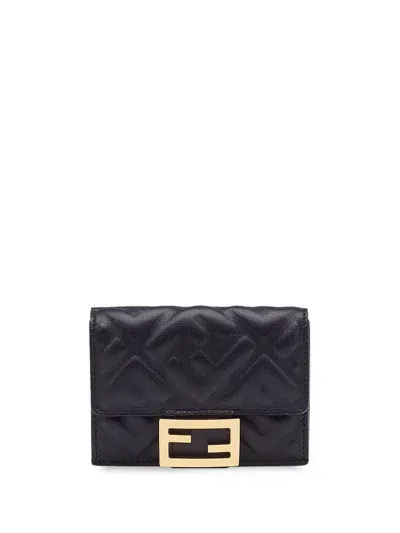 Fendi Baguette Leather Trifold Wallet In Black