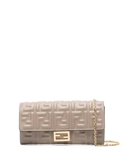 Fendi Baguette Leather Wallet On Chain In Grey