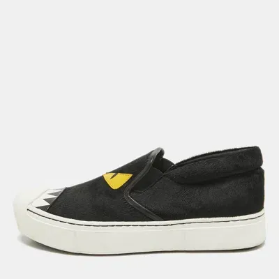 Pre-owned Fendi Black Calf Hair Monster Eyes Slip On Sneakers 37