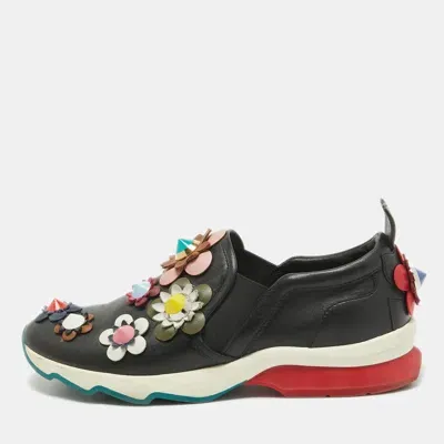 Pre-owned Fendi Black Leather Flowerland Slip On Sneakers Size 38