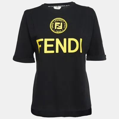 Pre-owned Fendi Black Logo Printed Jersey Embellished High-low T-shirt M