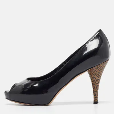 Pre-owned Fendi Black Patent Leather Zucca Heel Platform Pumps Size 35