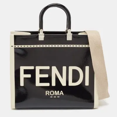 Pre-owned Fendi Black/off White Canvas And Patent Leather Medium Sunshine Shopper Tote