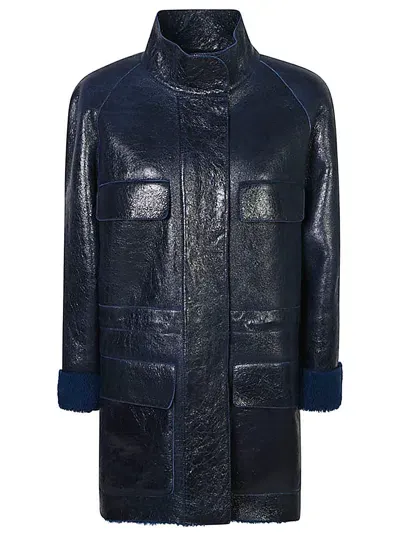 Fendi Blouson Giubbotto In Montone Blu Scuro In Black