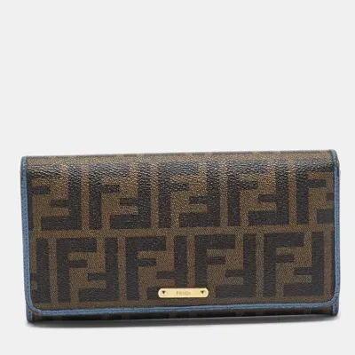 Pre-owned Fendi Brown/blue Zucca Coated Canvas And Leather Flap Continental Wallet