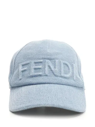 Fendi Denim Baseball Hat In Blue