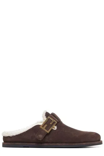 Fendi Feel Round Toe Slippers In Brown