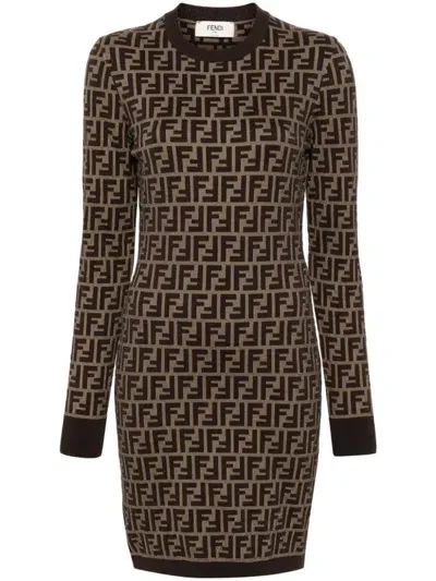 Fendi Ff Cotton Fitted Dress Clothing In Brown