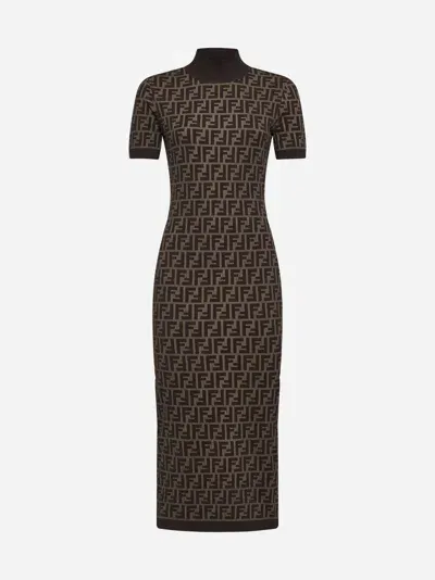 Fendi Ff Motif Knitted Midi Dress In Brown