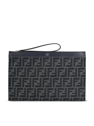 Fendi Ff Jacquard Flat Medium Pouch In Blue