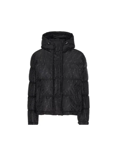 Fendi Ff Jacquard Hooded Down Jacket In Black