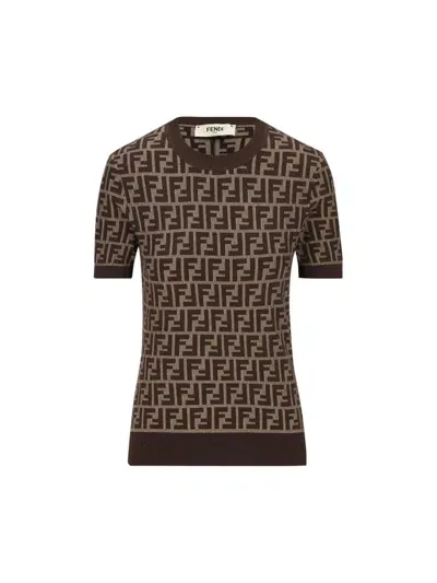 Fendi Ff Jacquard Short Sleeved Crewneck Jumper In Brown