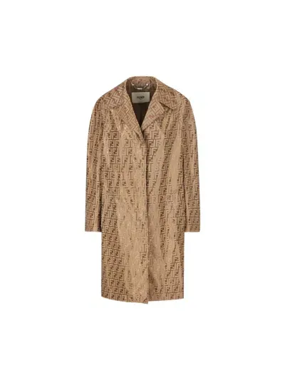 Fendi Ff Printed Long Sleeved Coat In Beige