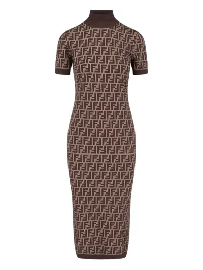 Fendi 'ff' Sheath Midi Dress In Brown