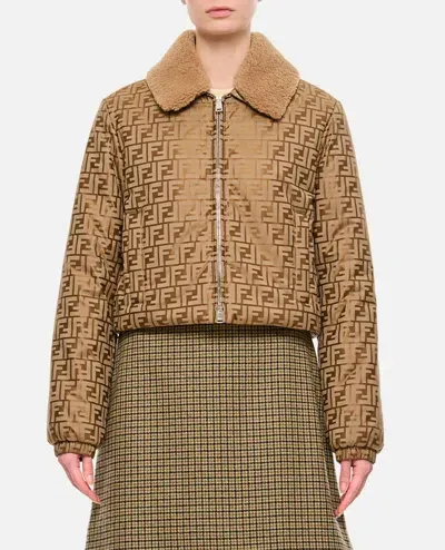 Fendi Front Zipped Ff Jacquard Jacket In Brown