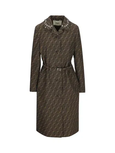 Fendi Ff Jacquard Belted Embellished Coat In Brown