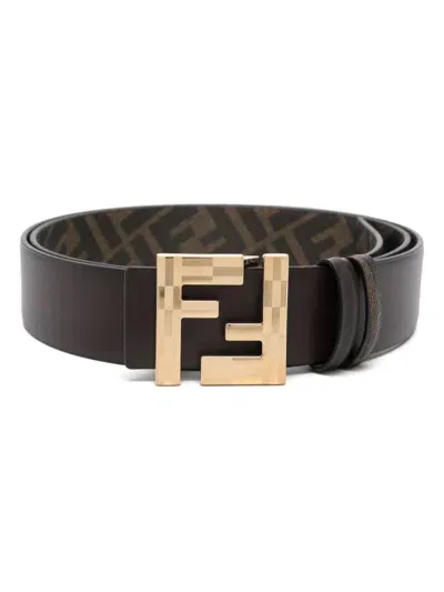 Fendi Leather And Ff Canvas Reversible Belt Accessories In Brown