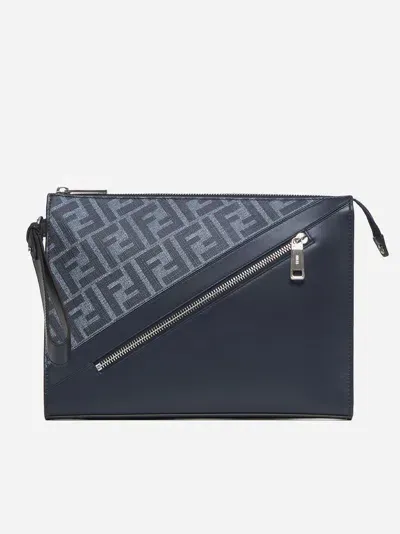 Fendi Leather And Ff Fabric Clutch Bag In Blu