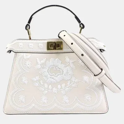 Pre-owned Fendi Light Beige/white Leather Floral Embroidery Peekaboo Crossbody Bag