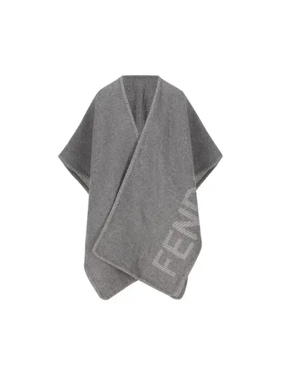 Fendi Logo Detailed Poncho In Grey