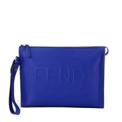 Fendi Logo Embossed Zipped Pouch In Blue