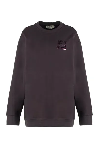 Fendi Logo Embroidered Crewneck Sweatshirt In Brown