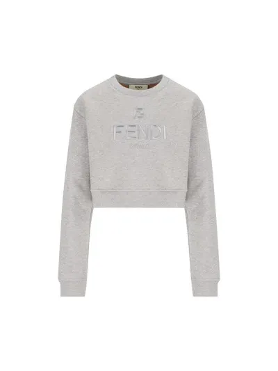 Fendi Logo Embroidered Crewneck Sweatshirt In Light Grey Melange