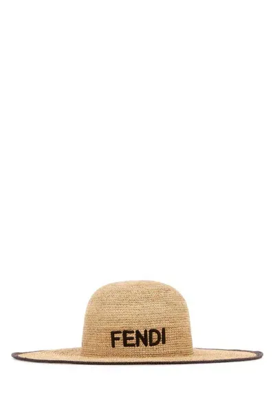 Fendi Logo Embroidered Raffia Wide Brim Hat In Beige